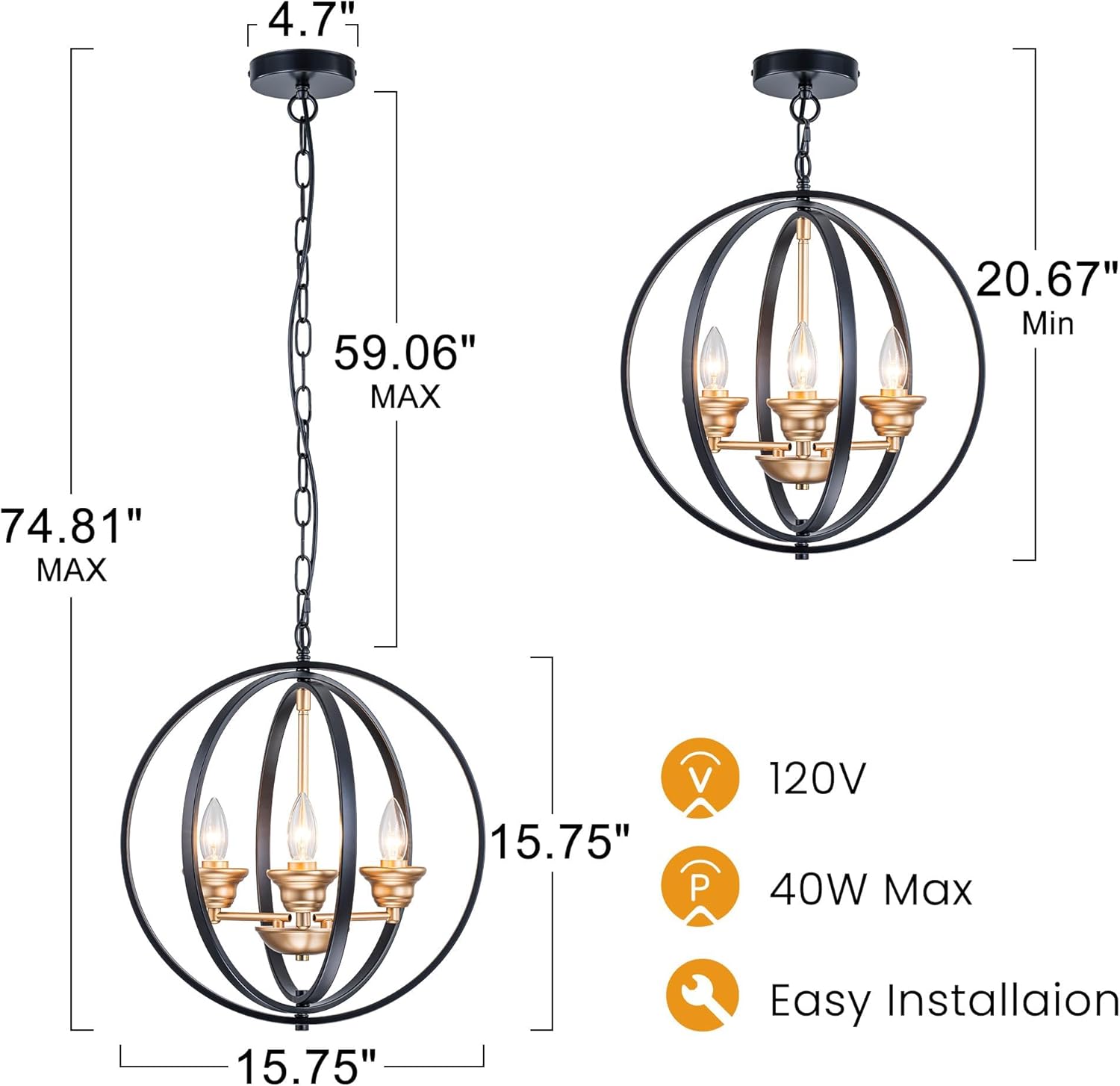 3-Light Farmhouse Globe Chandelier, Black and Gold Rotating Frame Adjustable Height Orb Pendant Light, E12 Base Industrial Hanging Ceiling Light for Dining Room Kitchen Island Bedroom