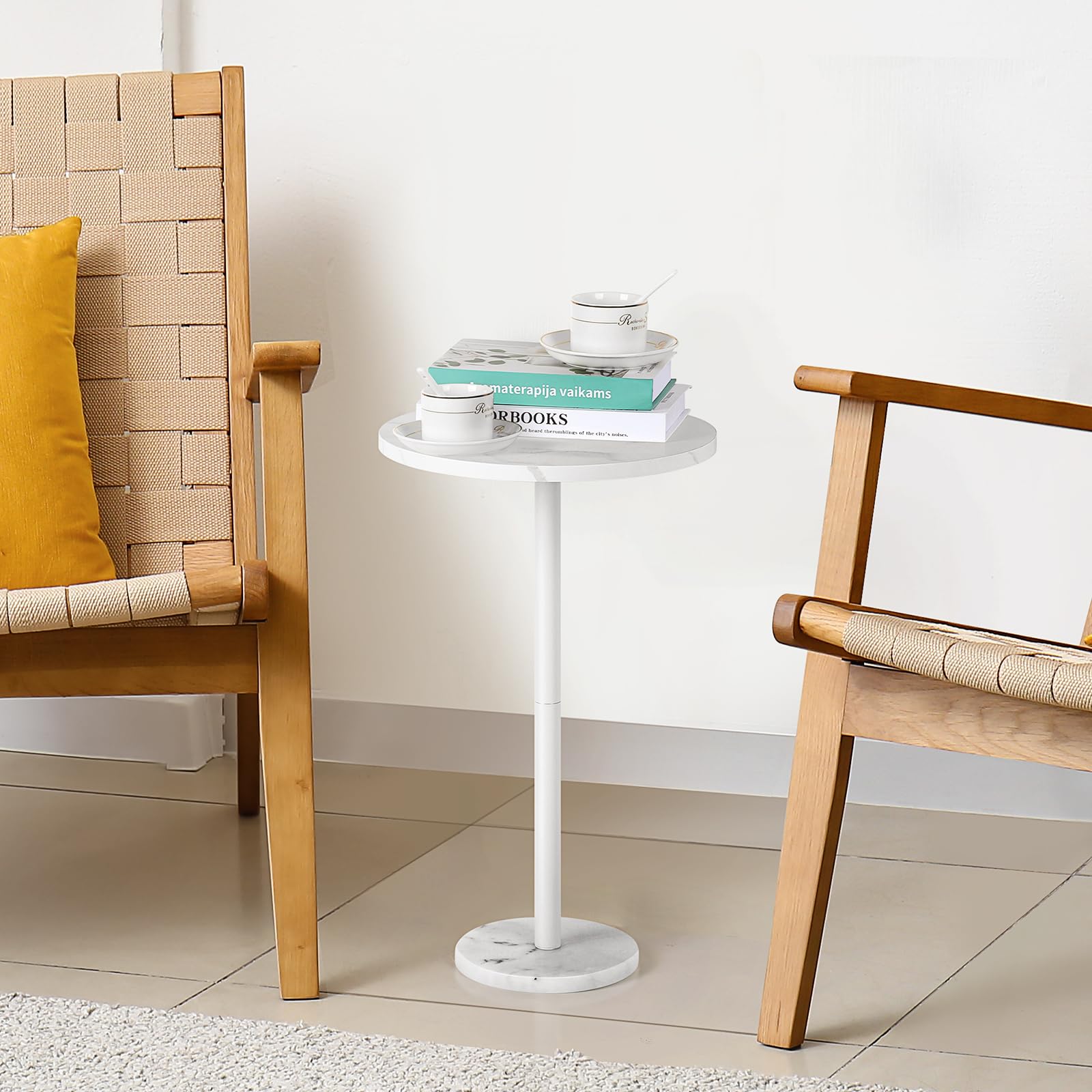 Smusei Tavolino Rotondo Nero Con Base in Marmo - 32 cm per Piccoli Spazi, Soggiorno, Camera da Letto - Bianco