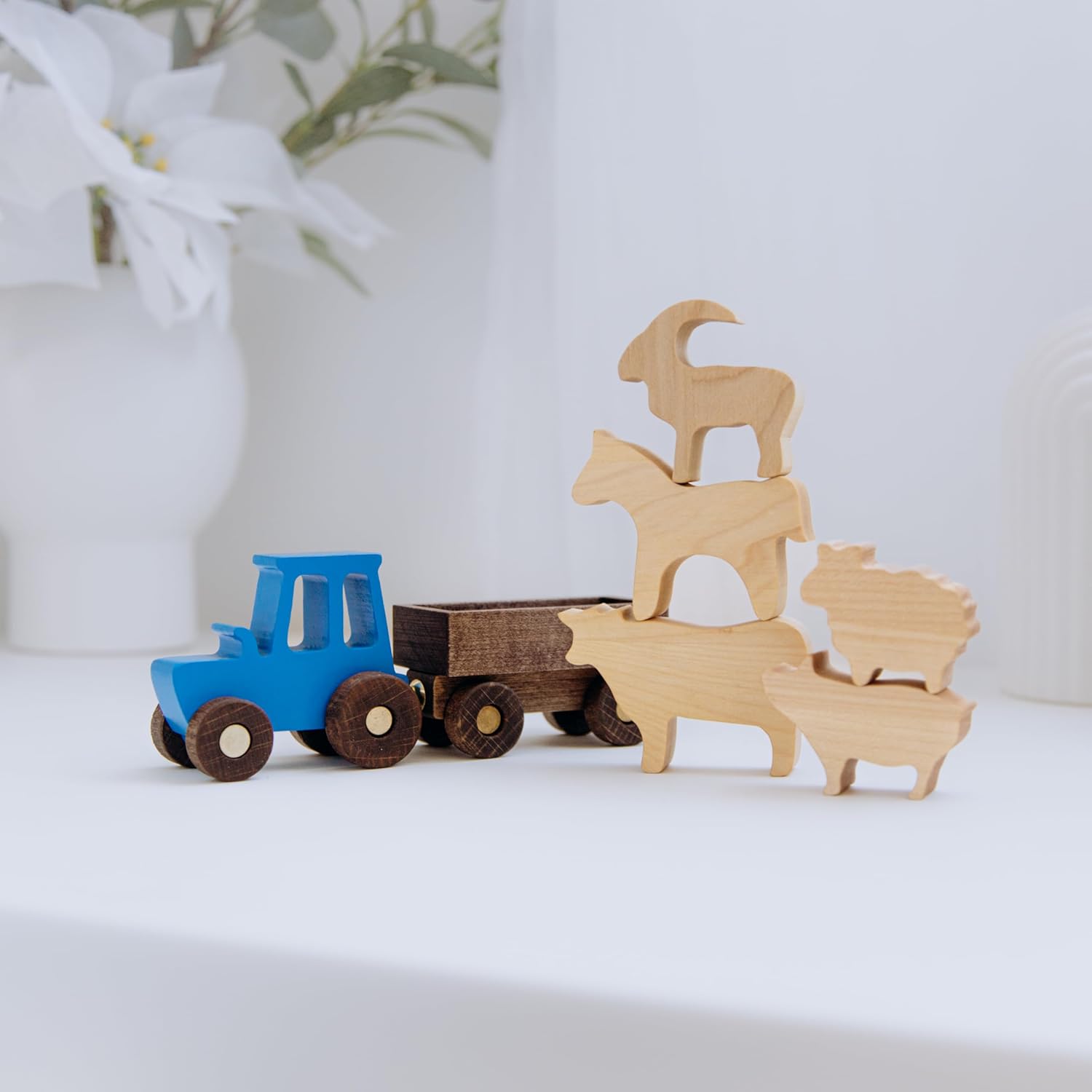 BUSY PUZZLE Wooden Tractor Toy with Trailer and Farm Animals, Natural Solid Wood Push Vehicle for Toddlers, Birthday Gift, Montessori Farm Play Set - Image 5
