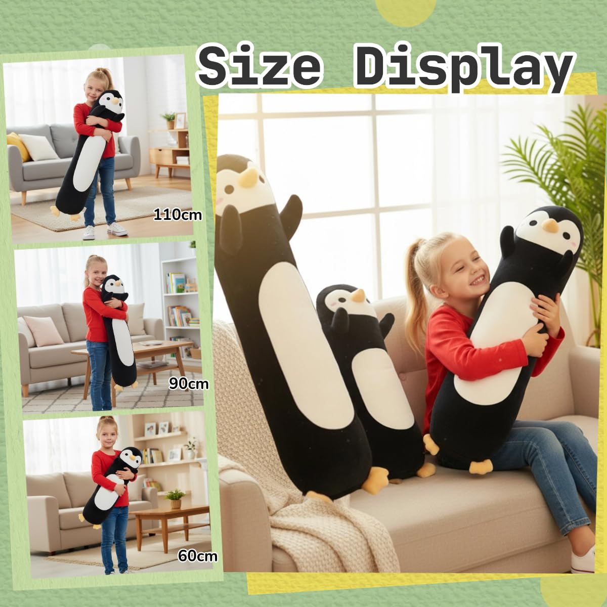 Peluche Longue Pingouin, Oreiller Câlin Doux en Forme de Pingouin, Jouet en Peluche Géante pour Enfants - Cadeau d'anniversaire Garçon Fille (Black, 90cm/35.43in)
