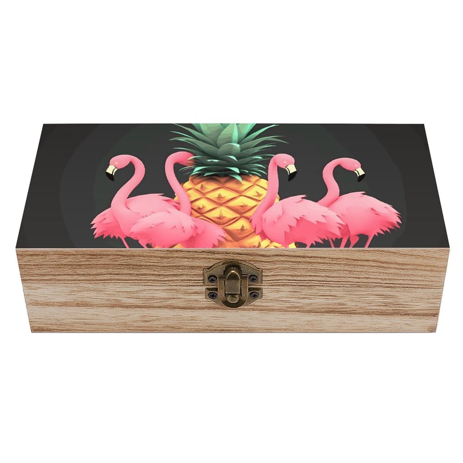 LZQPOEAS Pineapple Flamingos Wooden Storage Box Small Decorative Box with Hinged Lid Handmade Elegant Keepsake Storage Box for Jewelry, Photos, Trinkets, Letter Gifts, Small Heirlooms
