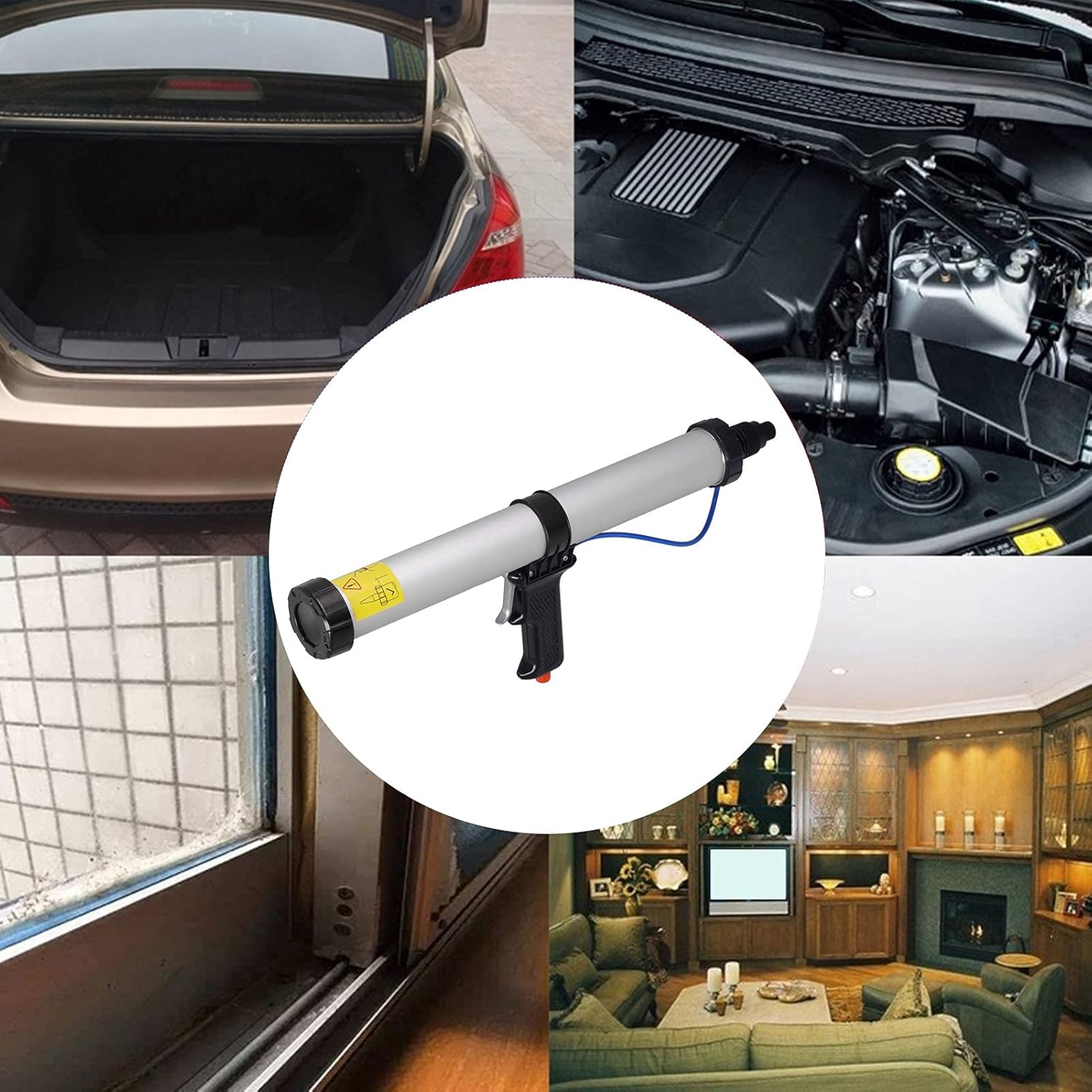 Pneumatic Caulking Gun, 600ml Air Powered Caulk Gun Aluminum Alloy Sausage Caulking Gun, Caulking Gun with 6 x Nozzle, for Building Decoration, Ships Containers