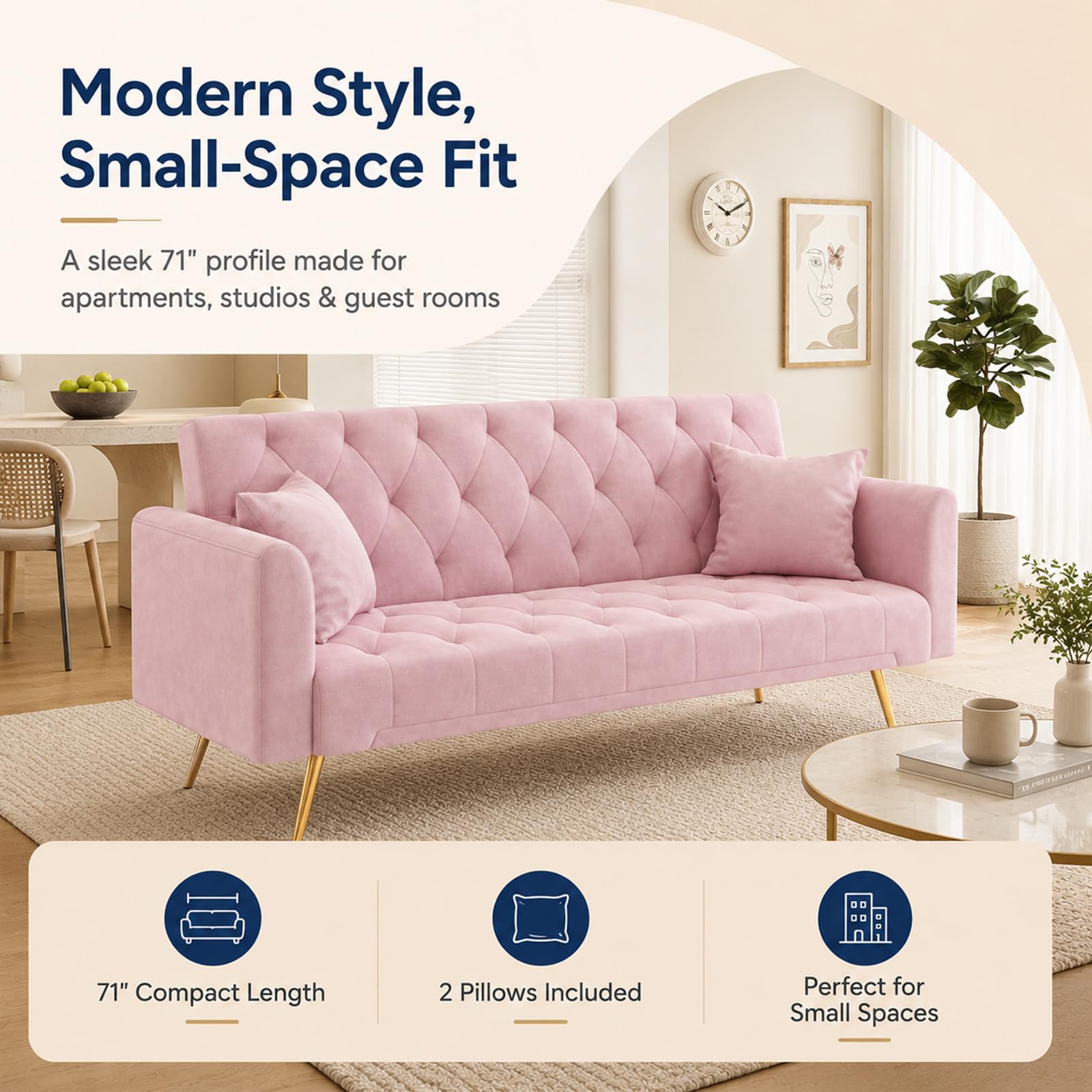 Majnesvon 71" Pink Futon Sofa Bed Couch: Velvet Fabric Memory Foam 2 Pillows Gold Metal Feet Adjustable Tufted Backrest, Convertible Folding Sleeper Loveseat for Living Room Bedroom Apartment (Pink)