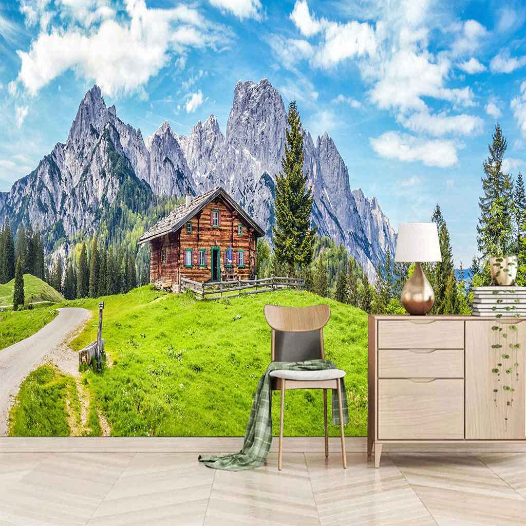 Papier peint panoramique 3D pour salon et chambre paysage cabine de pelouse géant