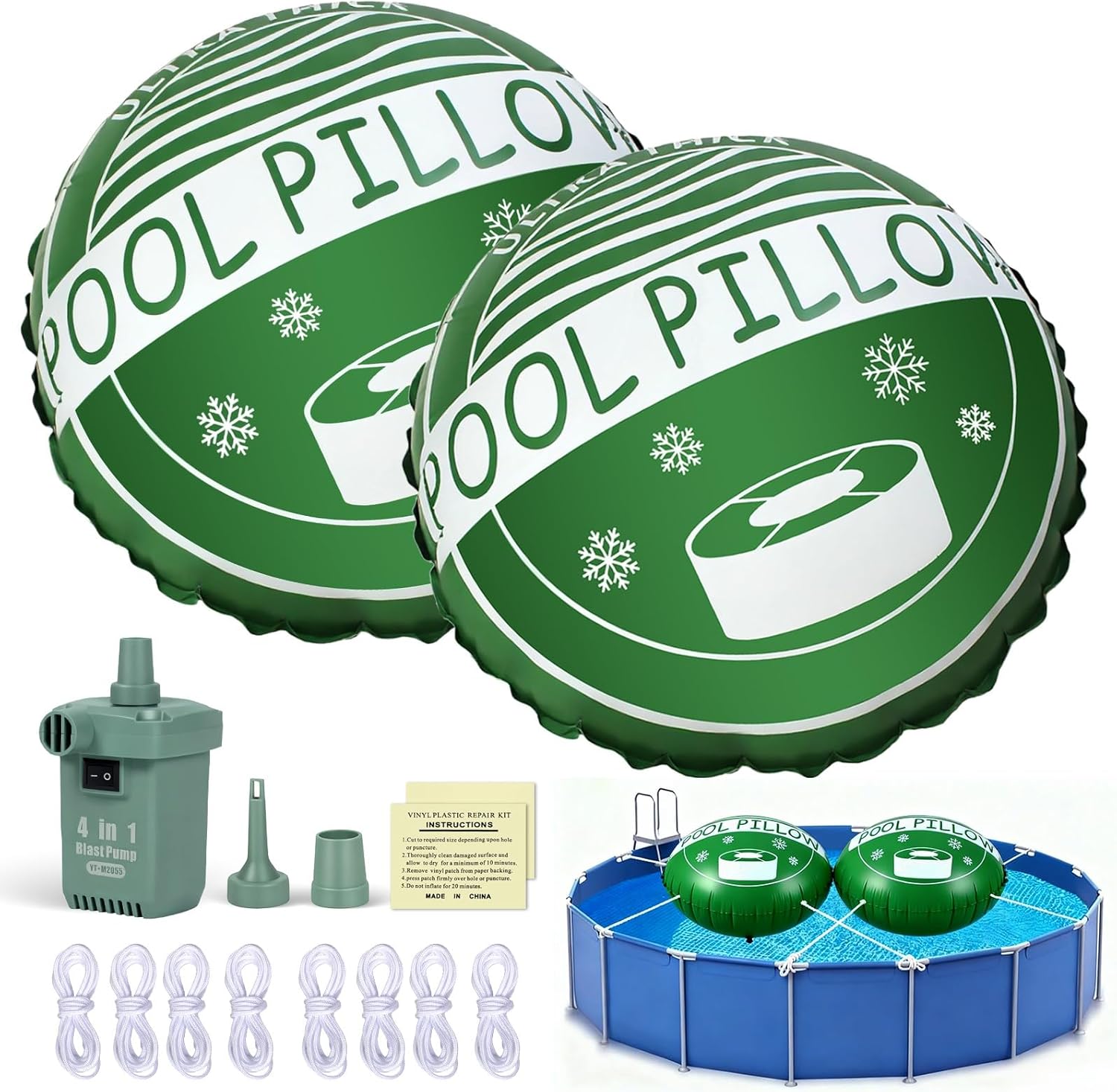 Above Ground Pool Pillow - 5x5 Ft Round Air Pillow for Winterizing, 0.5mm Extra PVC Material, Pump & Ropes & Patches Included,Green (2 Pack)