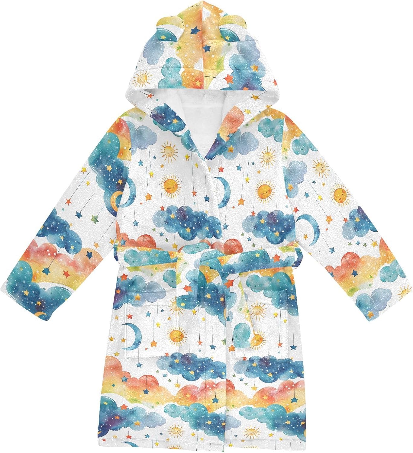 senya White Cloud Bright Colors Toddler Hooded Bathrobe Kids Soft Plush Bath Towel Robes for Boys Girls 2-12 Years