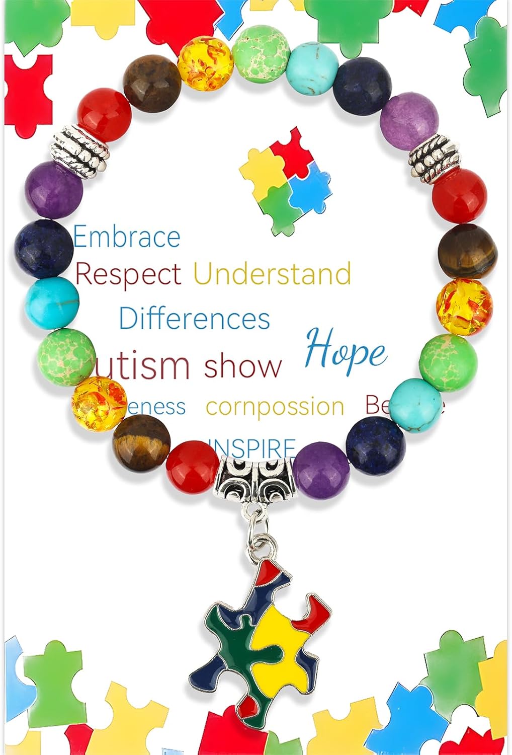 Autism Awareness Bracelet For Women Men 7 Chakra Gemstone Natural Stone Beaded Bracelet With Puzzle Piece Pendant Elastic Autism Bracelet Healing Chakra Crystal Bracelet Jewelry Gifts