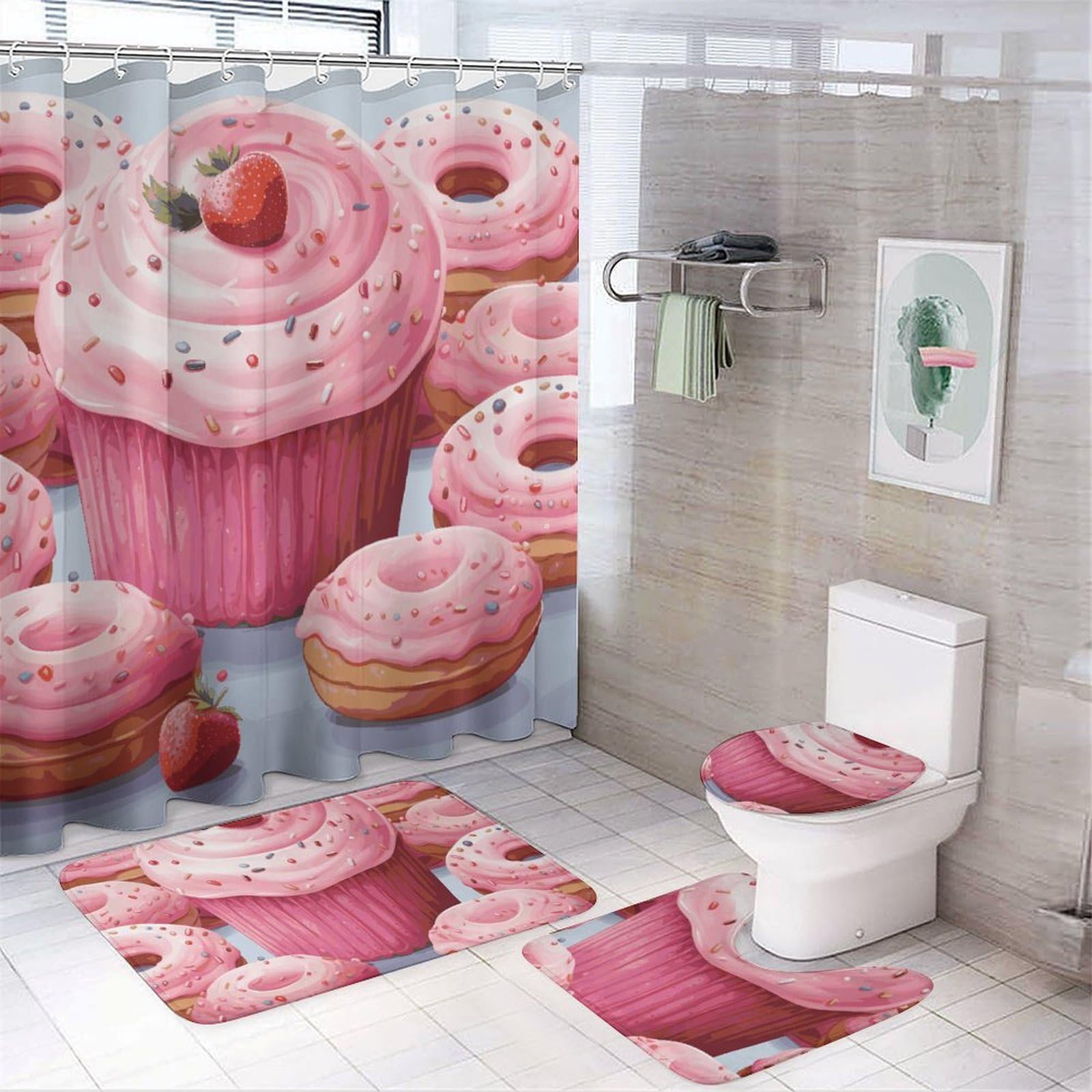 Rideaux de douche motif beignet rose avec tapis de bain et couvre-WC assortis