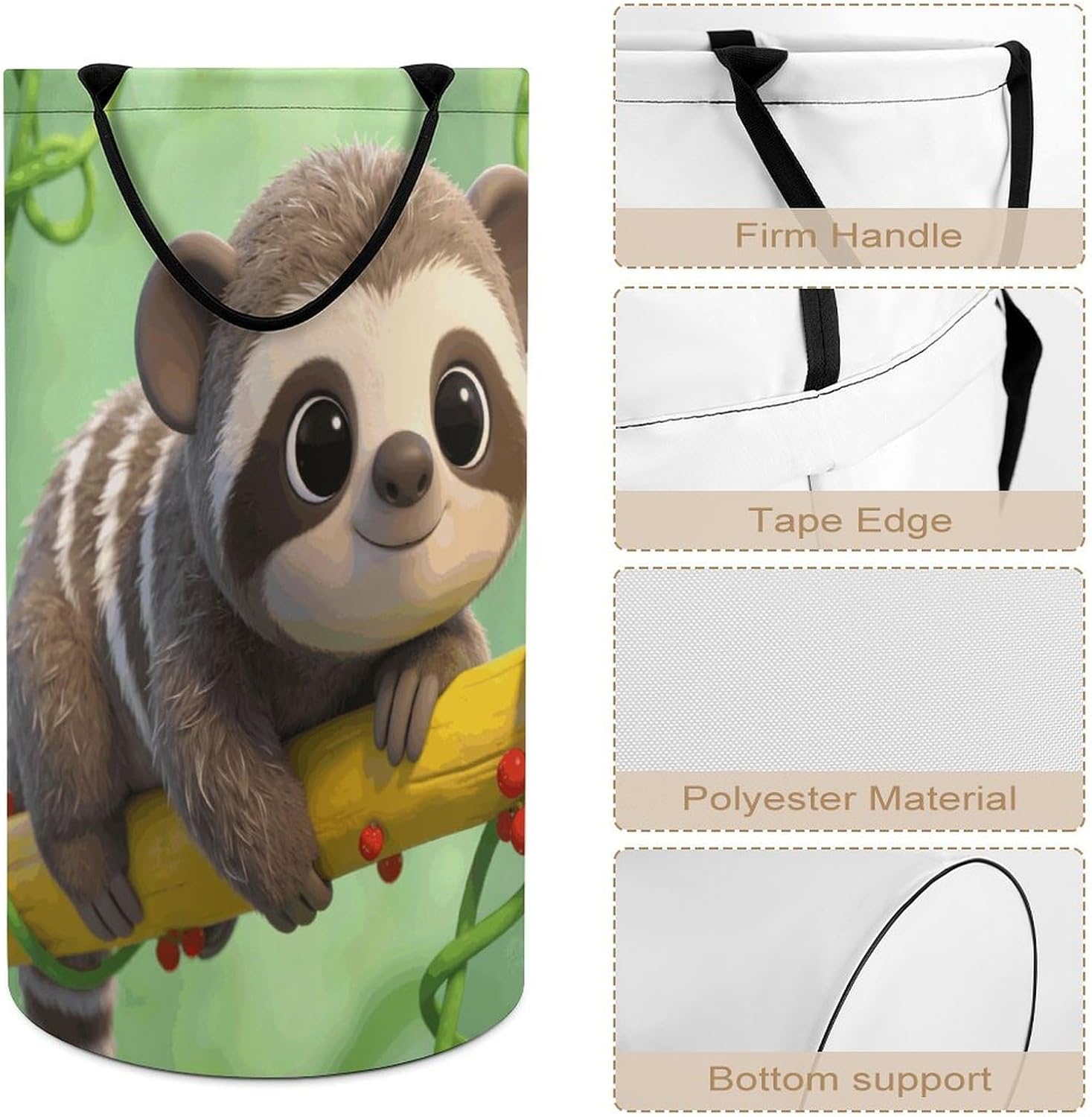 Sloth Laundry Hamper with Handles Waterproof Collapsible Laundry Basket Large Lightweight Round Dirty Clothes Hamper for Home Dorm Bathroom Decor