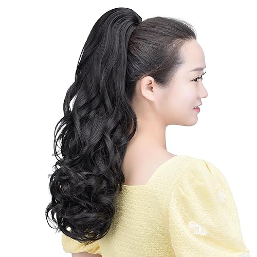 Miniatura 5 de Cola de caballo sintética con clip negro, cola de caballo falsa de 22 pulgadas, 5.3 onzas, extensiones de cabello negro ondulado, peluca Yaki