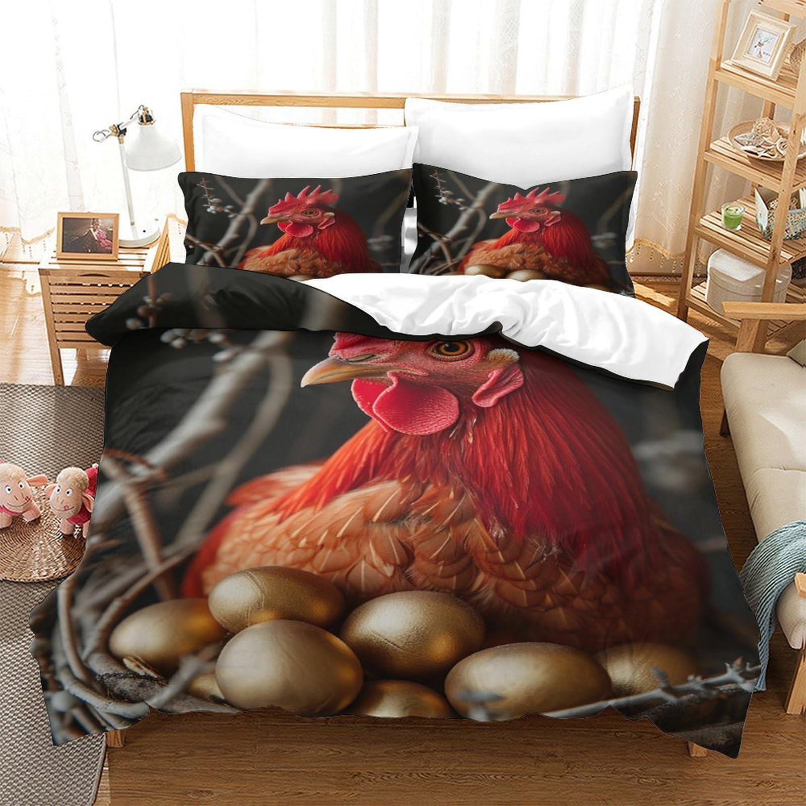 P1s9u7w5y Gallic Rooster-7 Country Style 3D Printed Chicken Duvet Cover Set 3Pcs Microfiber Farm Hen Bedding Set King（220X240cm）