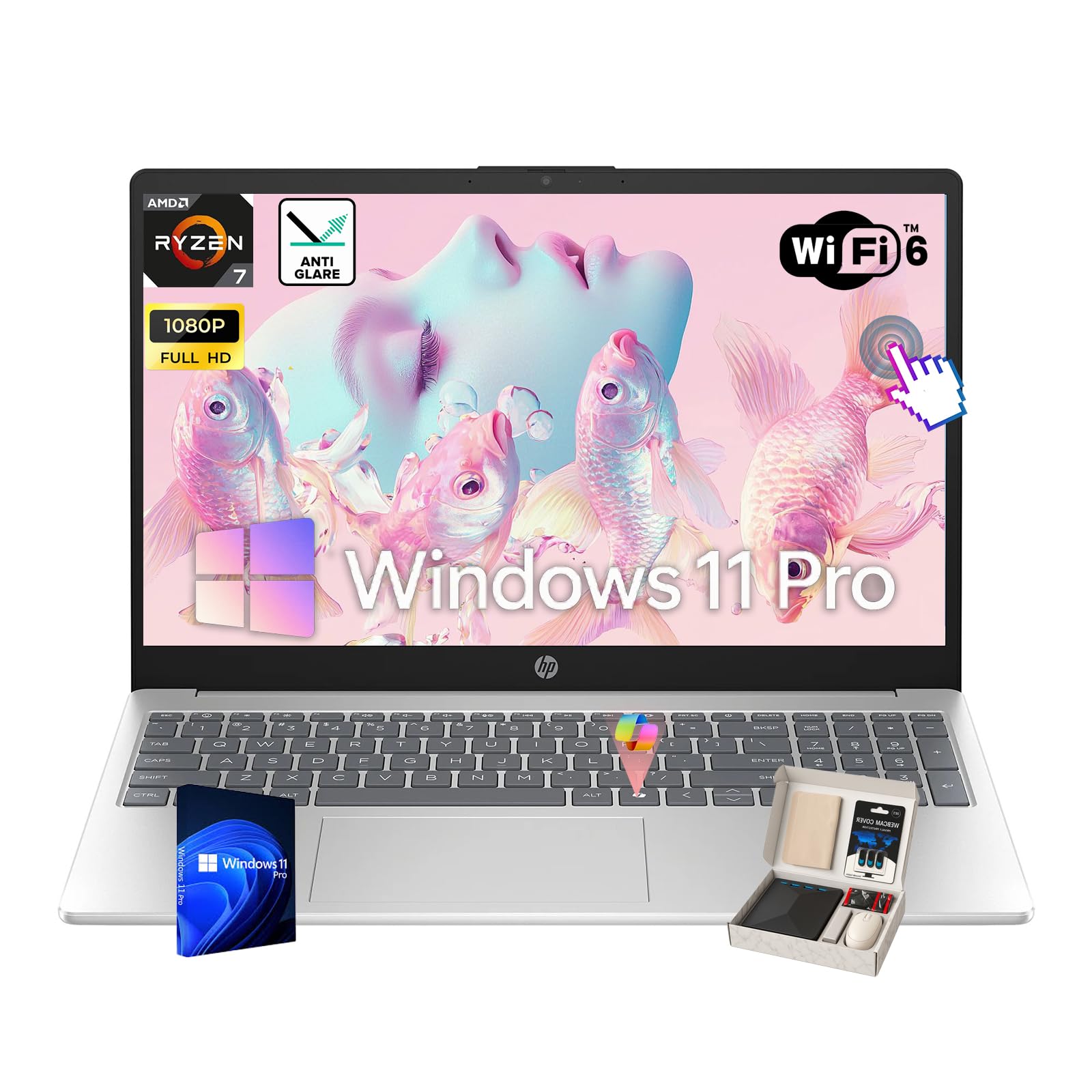 HP 15.6" Touchscreen Laptop - w/Accessories, AMD 8-Core Ryzen 7 7730U, 15.6" FHD Display, AMD Radeon Graphics, Lightweight, Copilot Key, Wi-Fi 6, Win