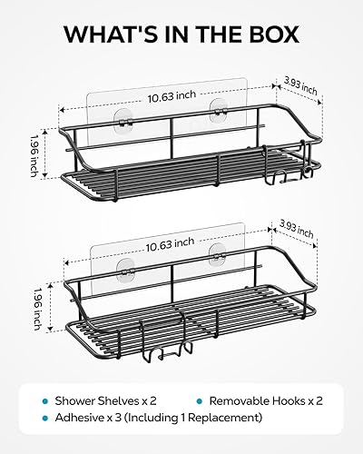 Vista 29 de Nieifi Estante de almacenamiento adhesivo de acero inoxidable sin perforar con ganchos para baño, lavabo, baño, baño, cocina, paquete de 2