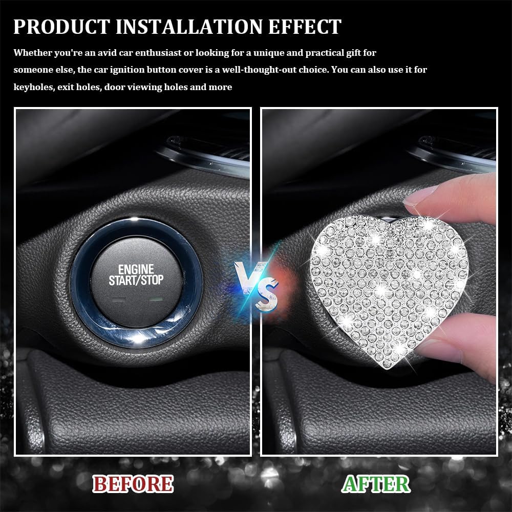 Bling Car Push Start Button Cover, Heart Shape Rhinestone Switch Knob Cover, Sparkling Crystal Key Ignition Knob Ring Protection Cover, Bling Diamond Car Accessories for Women (White)