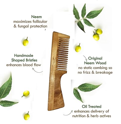 Miniatura 3 de Peine de madera Neem 100% puro y natural que promueve el crecimiento del cabello, reduce la caída del cabello y controla la caspa de dientes anchos