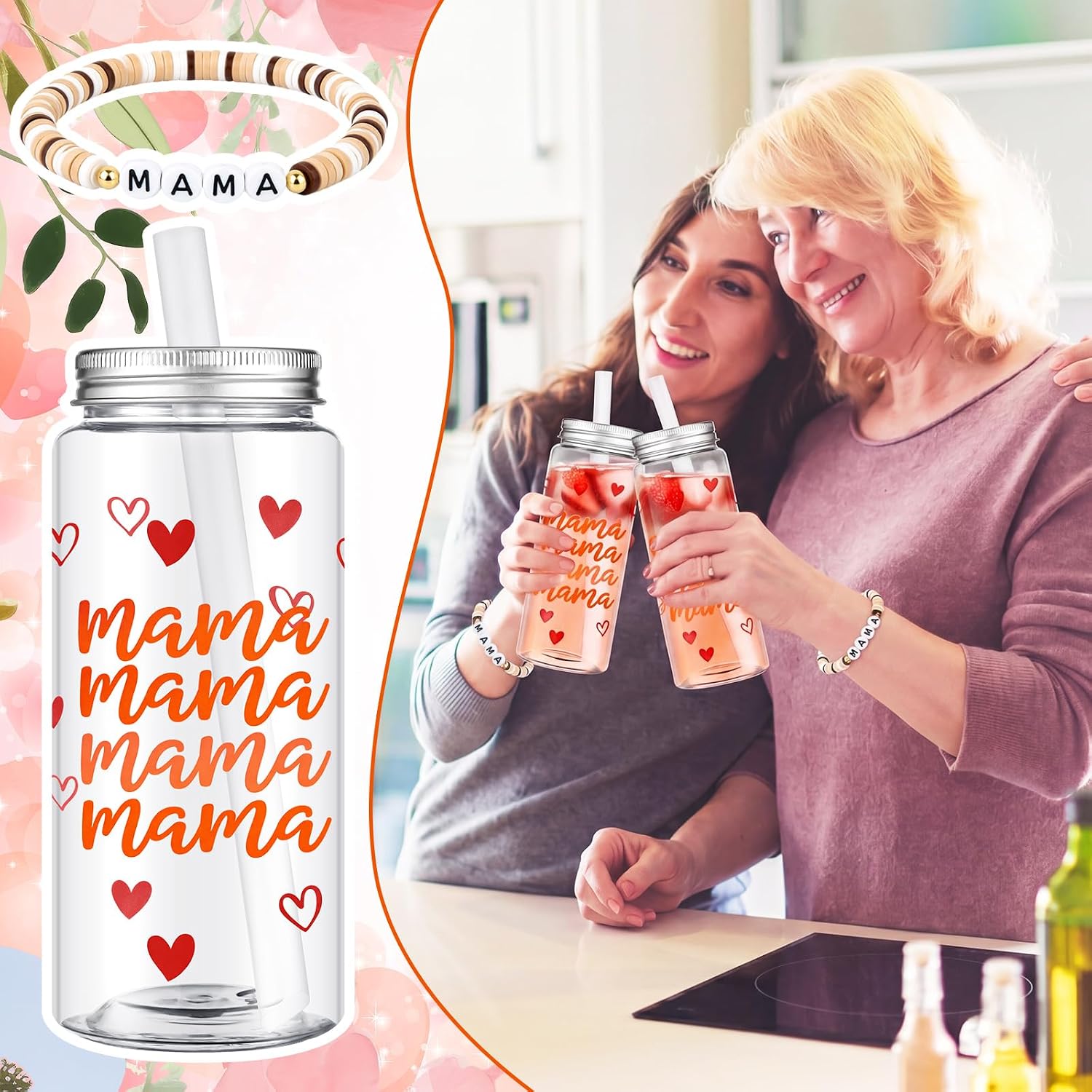 48 Pcs Mothers Day Gifts Bulk for Mama Mom 14.2 oz Mama Plastic Drinking Cup with Lid Boho Polymer Clay Beaded Stretch Bracelet for Women Mom Group Wife Grandma Church Woman Birthday Gifts