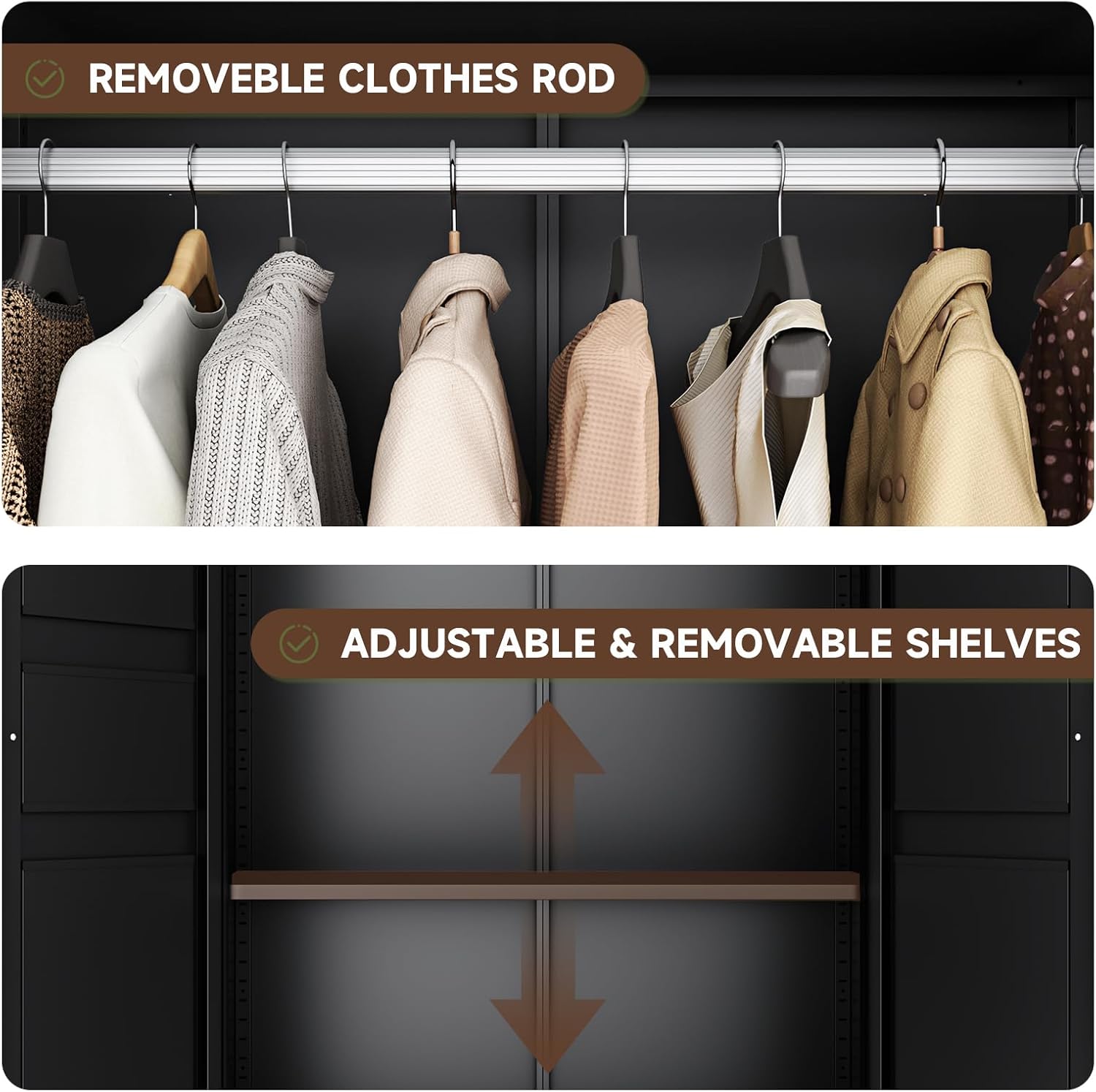 Letaya Metal Armoire Wardrobe Closet with 2 Drawers,18" Deep Clothing Storage Cabinet with Doors and Shelves,Coat Closet with Hanging Rod,Bedroom,Home,Cloak Room-Black