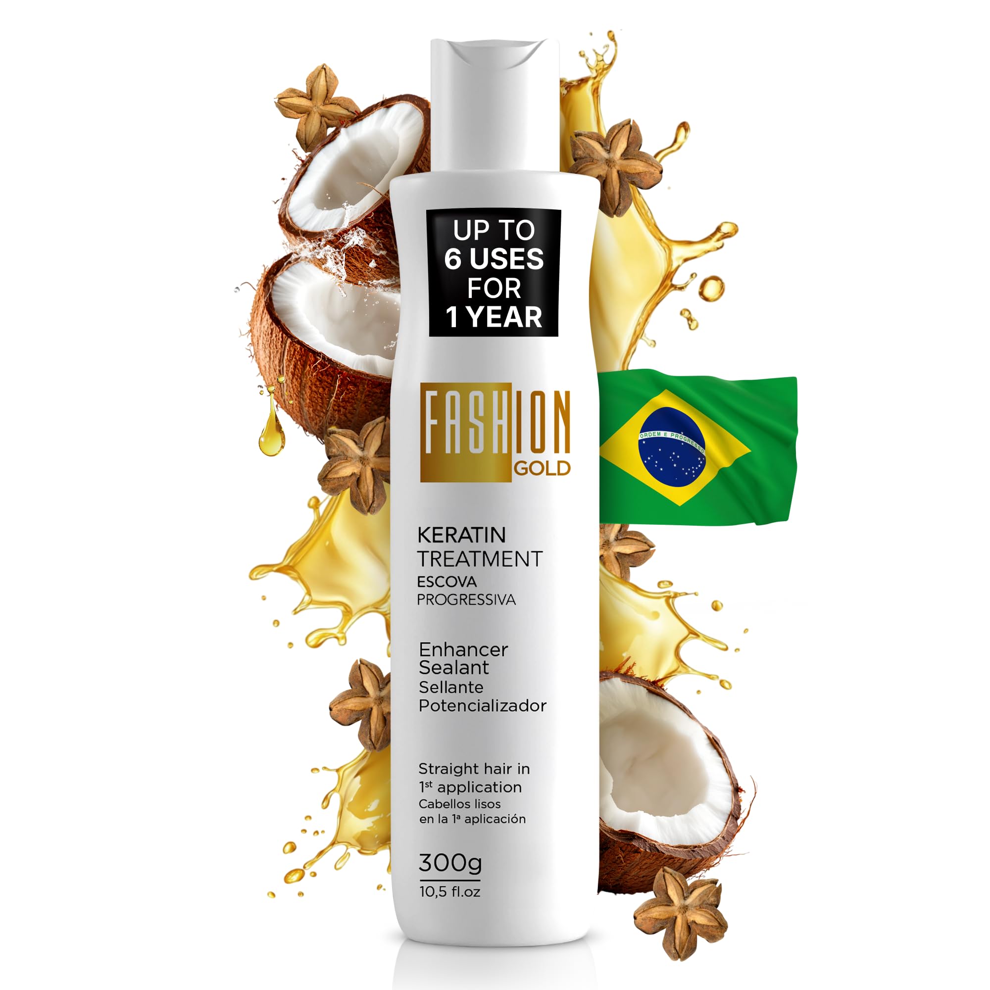 FASHION GOLD, Keratin Hair Treatment, 6 USES per Bottle, Keratina para Alisar el Pelo, Alisado Brasileño Keratina Permanente, Alisados Organicos SIN FORMOL, Nanoplastia, 300 grs