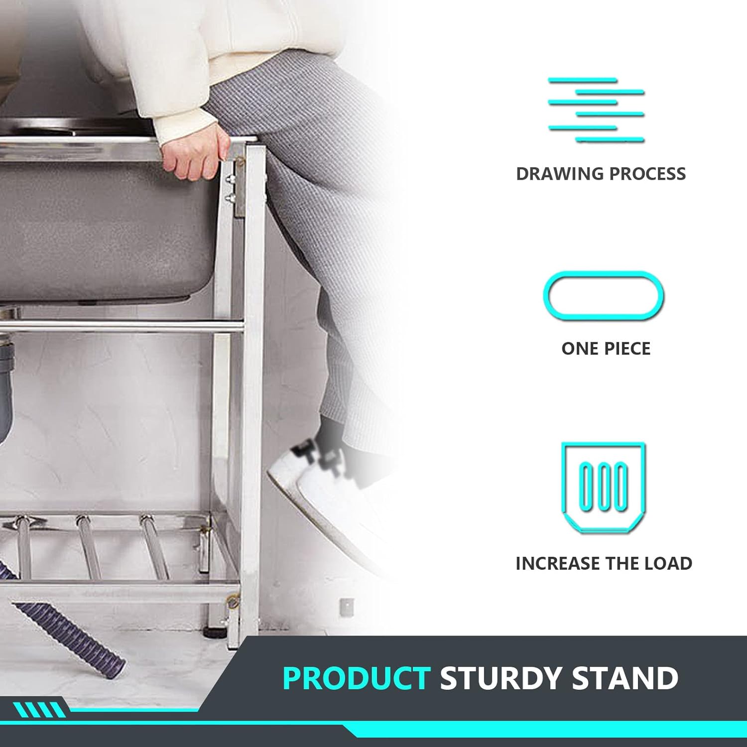 Stainless Steel Single Pool Kitchen Sink with Stand, Simple Home Laundry Sink with Tap, Practical Countertop Sink Multifunctional Sink 68x44cm