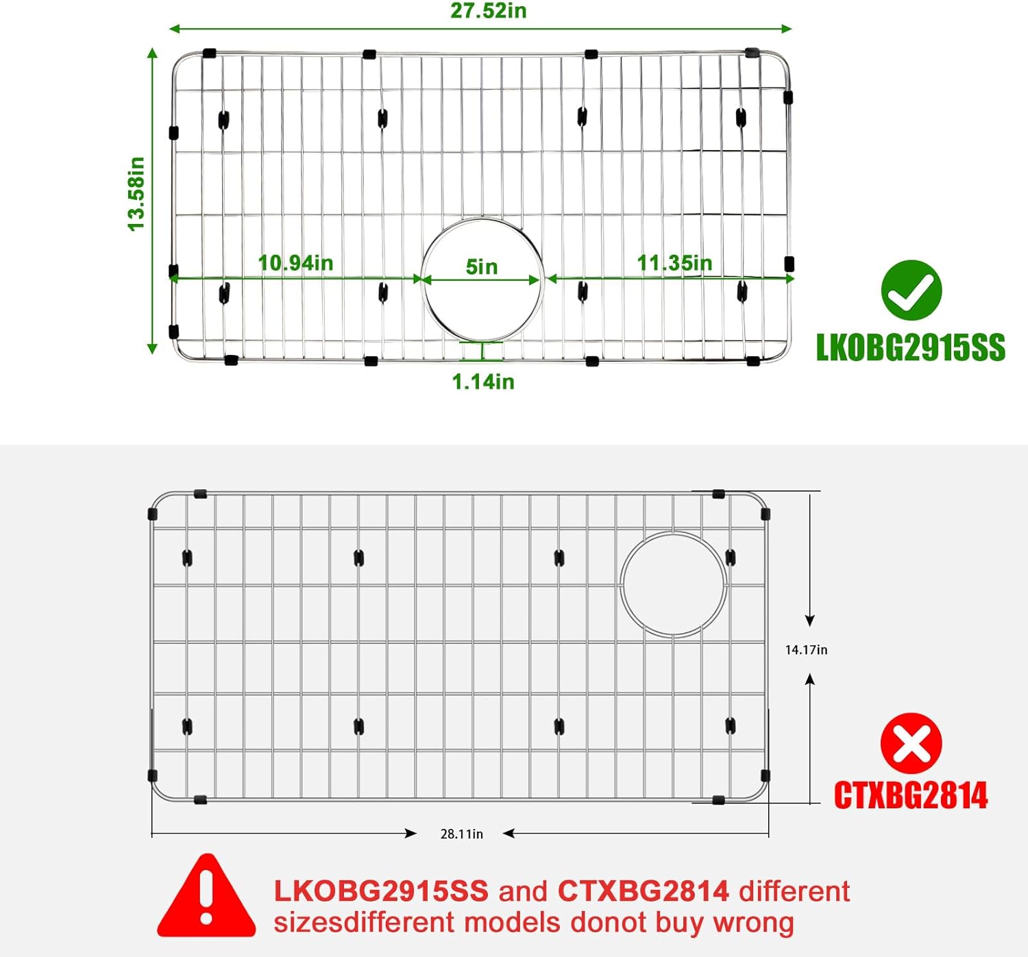 LKOBG2915SS Kitchen Sink Grate 27.5" x 13.5" Sink Bottom Grid Stainless Steel Sink Protector Sink Rack for Bottom of Sink