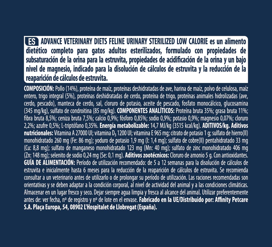 Advance Veterinary Diets - Urinary Sterilized Low Calories - Cibo per Gatti Sterilizzati con Problemi del Tratto Urinario - 1,25kg