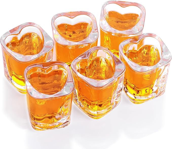 Set of 6 Heart Shaped Clear Tequila Shot Glasses