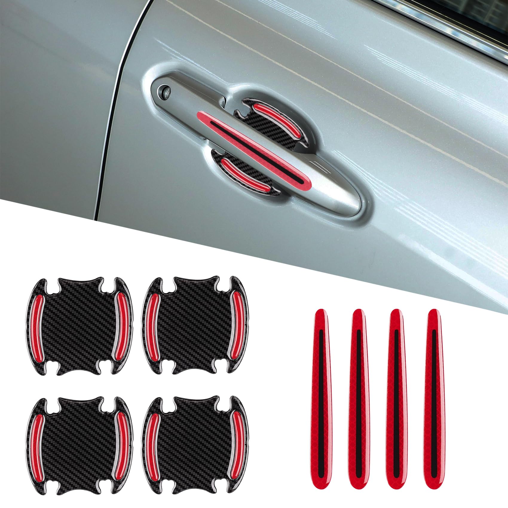 QZTYTY 8PCS Car Door Handle Protector Reflective Sticker, Universal 3D Carbon Fiber Scratch Protector Cover, Red
