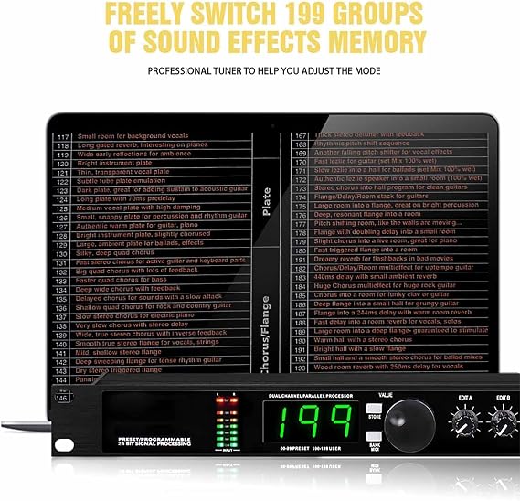 Professional Audio Processor Equalizer - Digital Reverb DSP with 99 Preset Programs & 199 Sound Effects - 24 Bit Signal Processing for Recording Studio Use