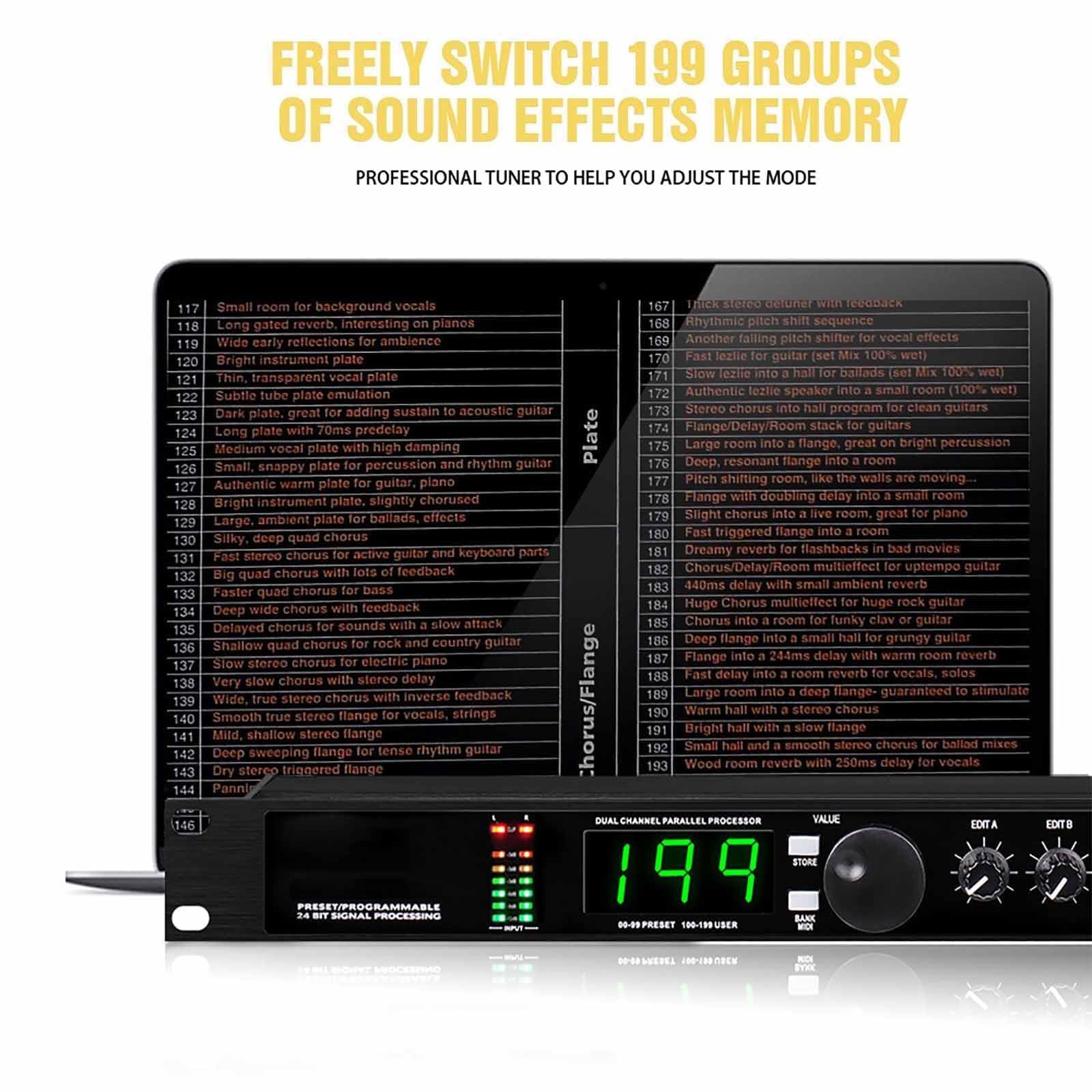 Professioneller Audio-Prozessor-Equalizer – 24-Bit Digital Reverb DSP mit 99 Voreinstellungen und 199 Soundeffekten
