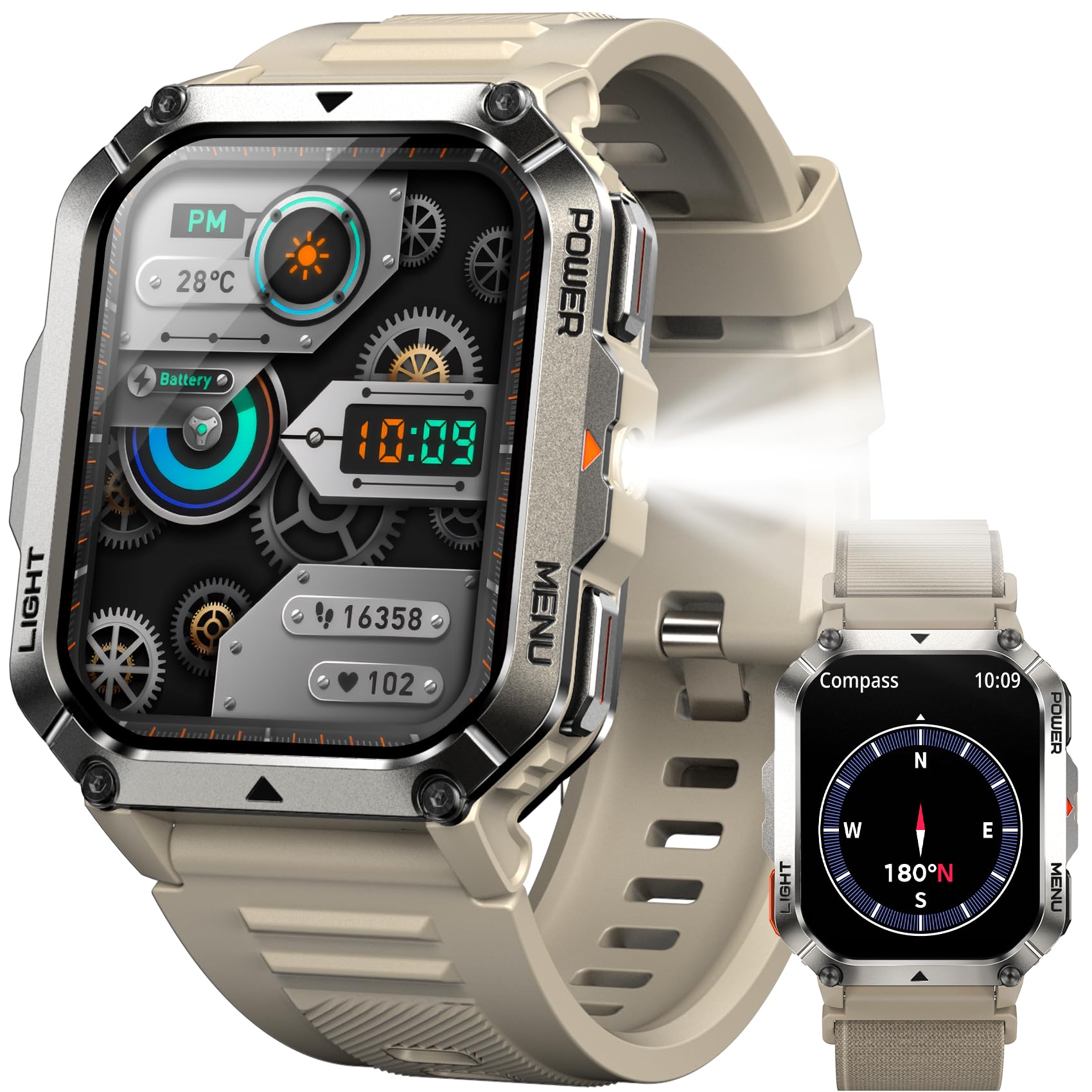 IOWODO Montre Connectée Homme Femme W70pro, Illumination,Batterie 900 mAh, Écran Tacile 2.01" TFT, Appel Bluetooth, Cardiofréquence/SPO2, Analyse Sommeil, 100+ Modes Sport,pour Android/iOS (Kaki)