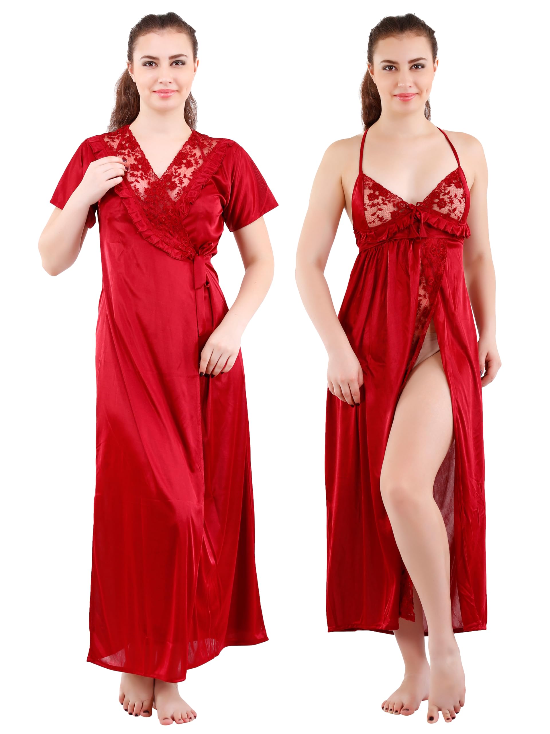 romaisa Women's Satin Solid Maxi Length Nighty with Robe (Size - Free Size) (Nightwear Set Pack of 2)-picture-15