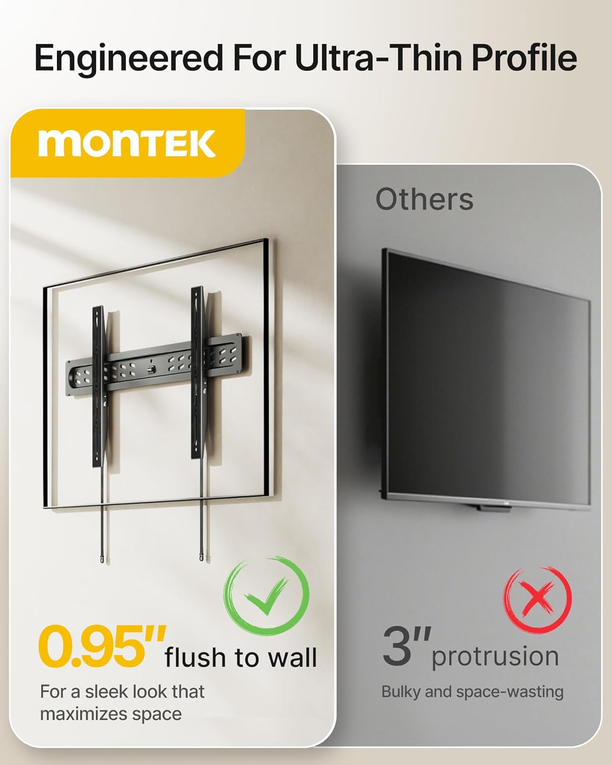 monTEK Ultra Slim Fixed TV Wall Mount Bracket for 43–95" Flat & Curved TVs, Super Low Profile 0.95" from Wall, Holds 150 lbs, Supports VESA 800x400, Fits 16"/18"/24"/32" Studs