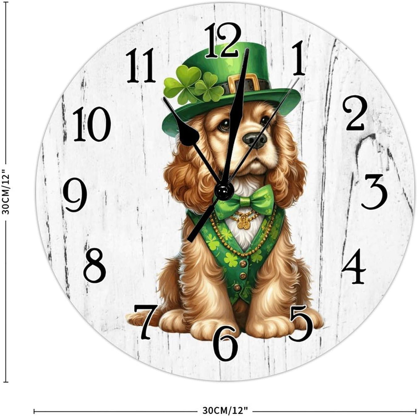 Cocker Spaniel Dog Green Leprechaun Hat Leaf Clocks Cocker Spaniel Dog St. Patrick's Day Wooden Decorative Clocks Battery Operated Round Clocks Dog Memorial Art Clock 12x12in
