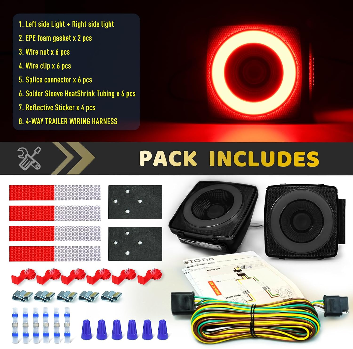Square Halo 78 LEDs Trailer Lights w/Wiring Harness,Stop Turn License Running Combination Tail Light w/Stud Mount, IP67 Submersible for Under 80" Truck [PatentPending] ,DC 12V (Smoked Lens_Red LED)