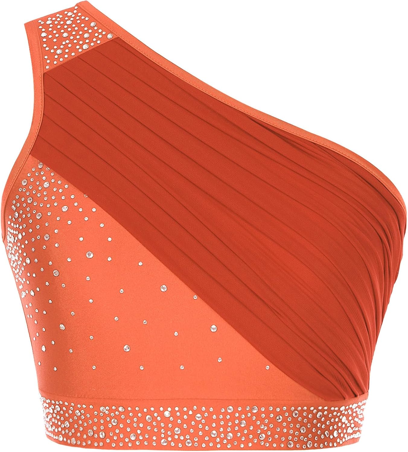 XUNZOO Women Lyrical Dance Crop Top Costume Adult One Shoulder Sleeveless Sequin Rhinestones Dancewear