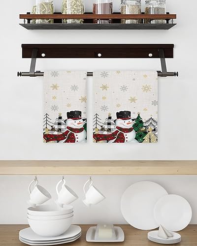 Miniatura 3 de Kitchen Towel 2 Packs Cotton Waffle Weave, Retro Plaid Xmas Tree Snowman Snowflake Christmas 16 x 24 Inch Absorbent Quick Drying Dish Towels Clothes
