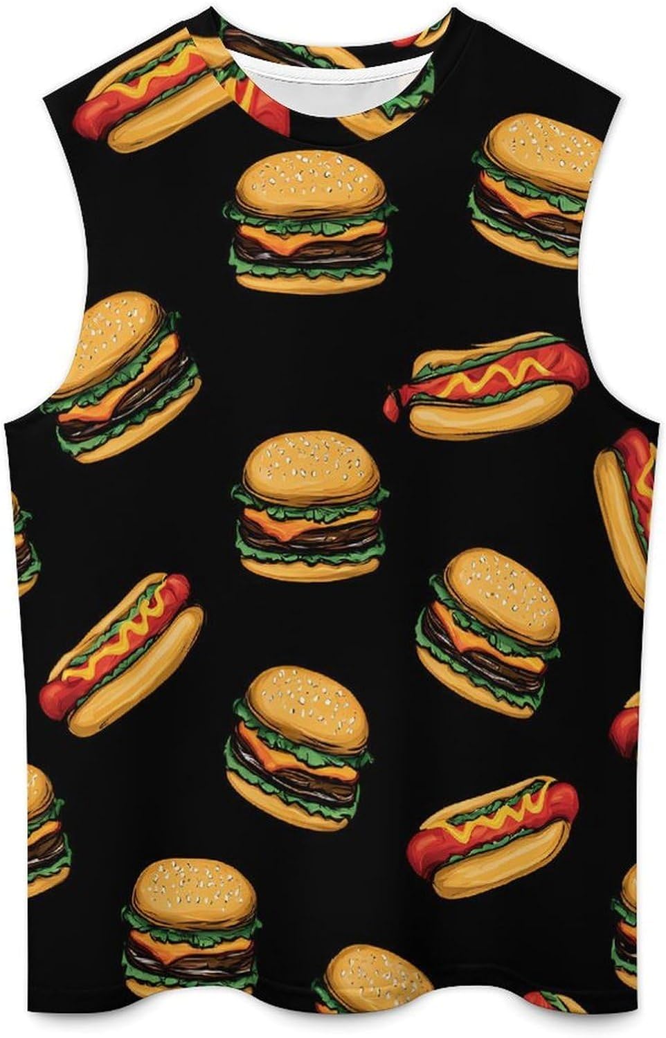 Burger Hot Dog Fast Food Men Summer Sleeveless Crew Neck Top 5XL