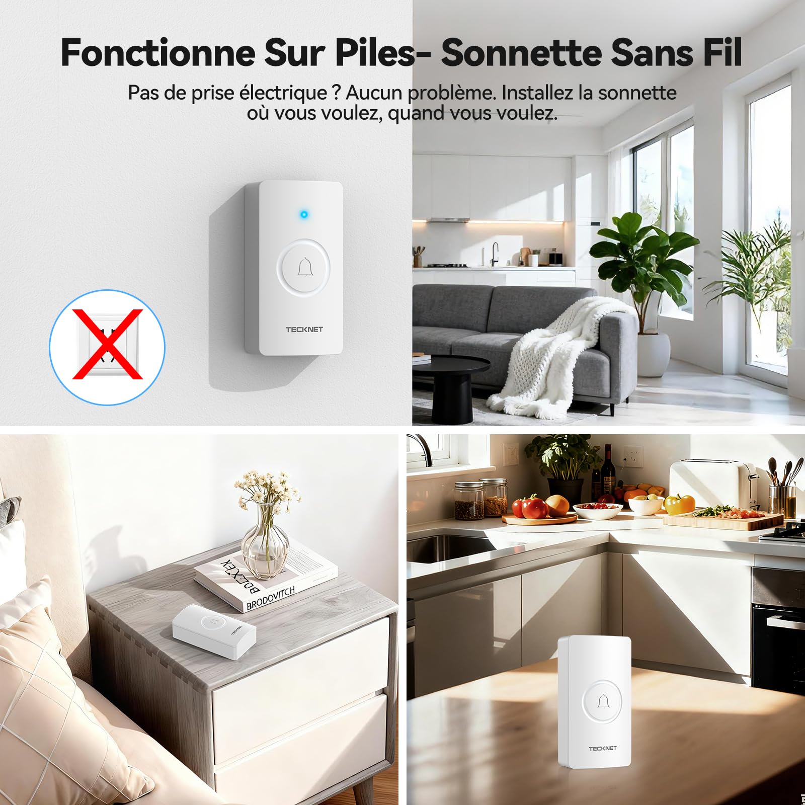 TECKNET Sonnette, IP67 Sonnette Sans Fil Exterieur Etanche, 400M Sonnette Sans Fil Longue Portée, Sonnette Sans Fil avec 60 Klingeltöne, Sonette Sans Fil avec 1 émetteurs & 3 récepteur à piles | 1 émetteurs & 3 récepteur, 60 sonneries, 5 niveaux de volume
