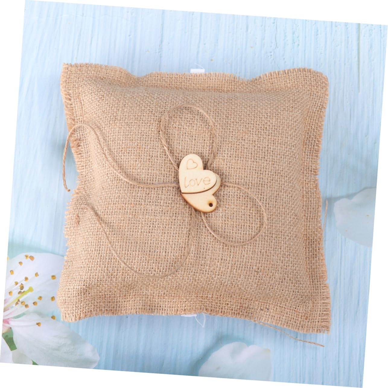 jojofuny 18cm Wooden Heart Ring Bearer Pillow Burlap Cover Hessian Ring Pillow for Wedding