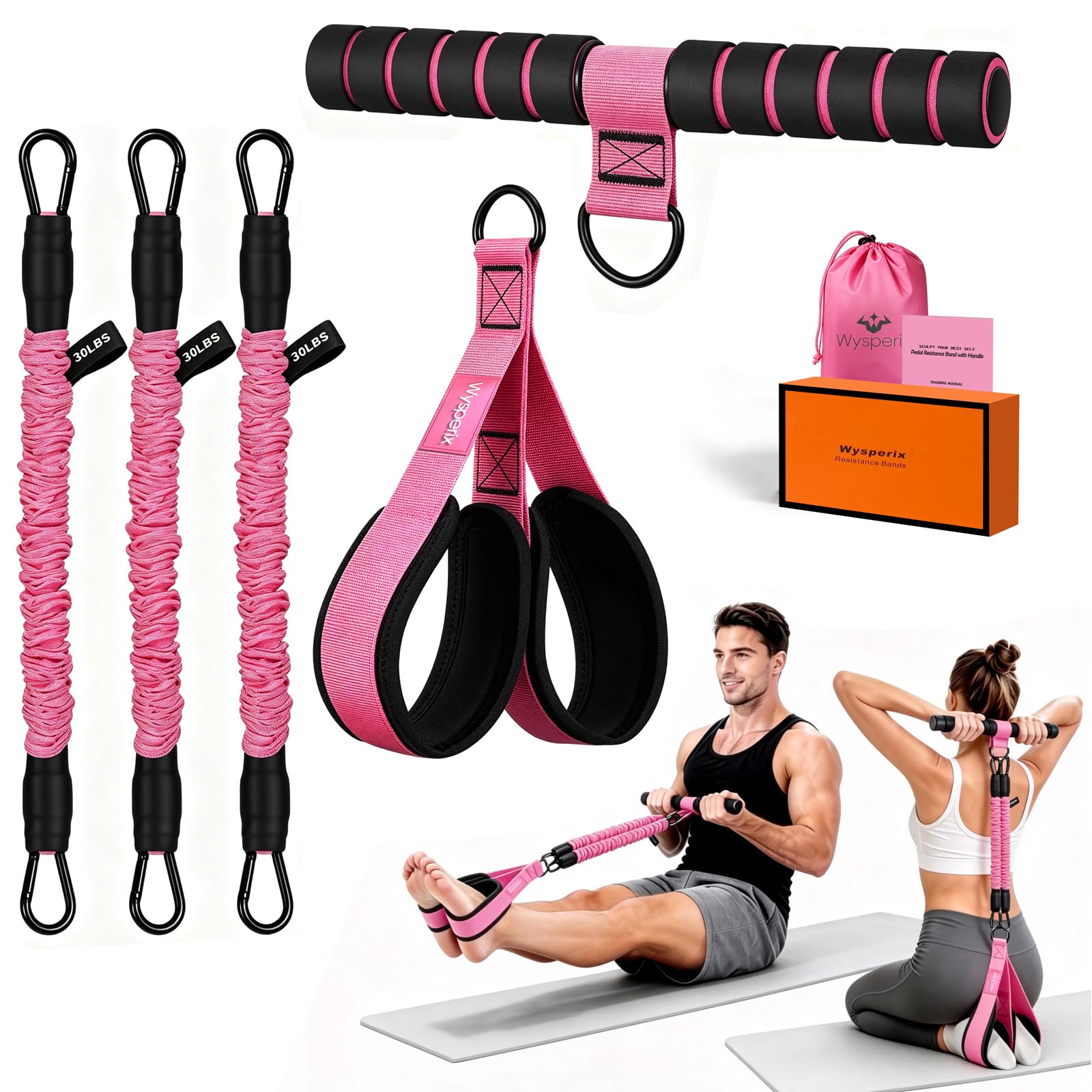 Foot Pedal Resistance Bands with Handles, Multifunction Elastic Yoga Exercise Bands, Home Gym Fitness Equipment for Women & Men to Tone Abs, Core, Legs, Arms, Waist Max-Pink