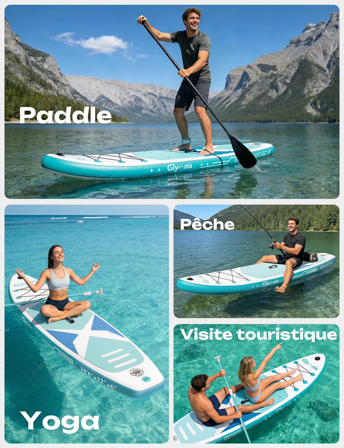 Glymnis Sup Board Stand Up Paddling Board Gonflable Stand Up Paddle Board Set 10'6 "320x80x15cm 6 Pouces d'épaisseur avec Pompe à air à pagaie en Aluminium et Accessoires complets