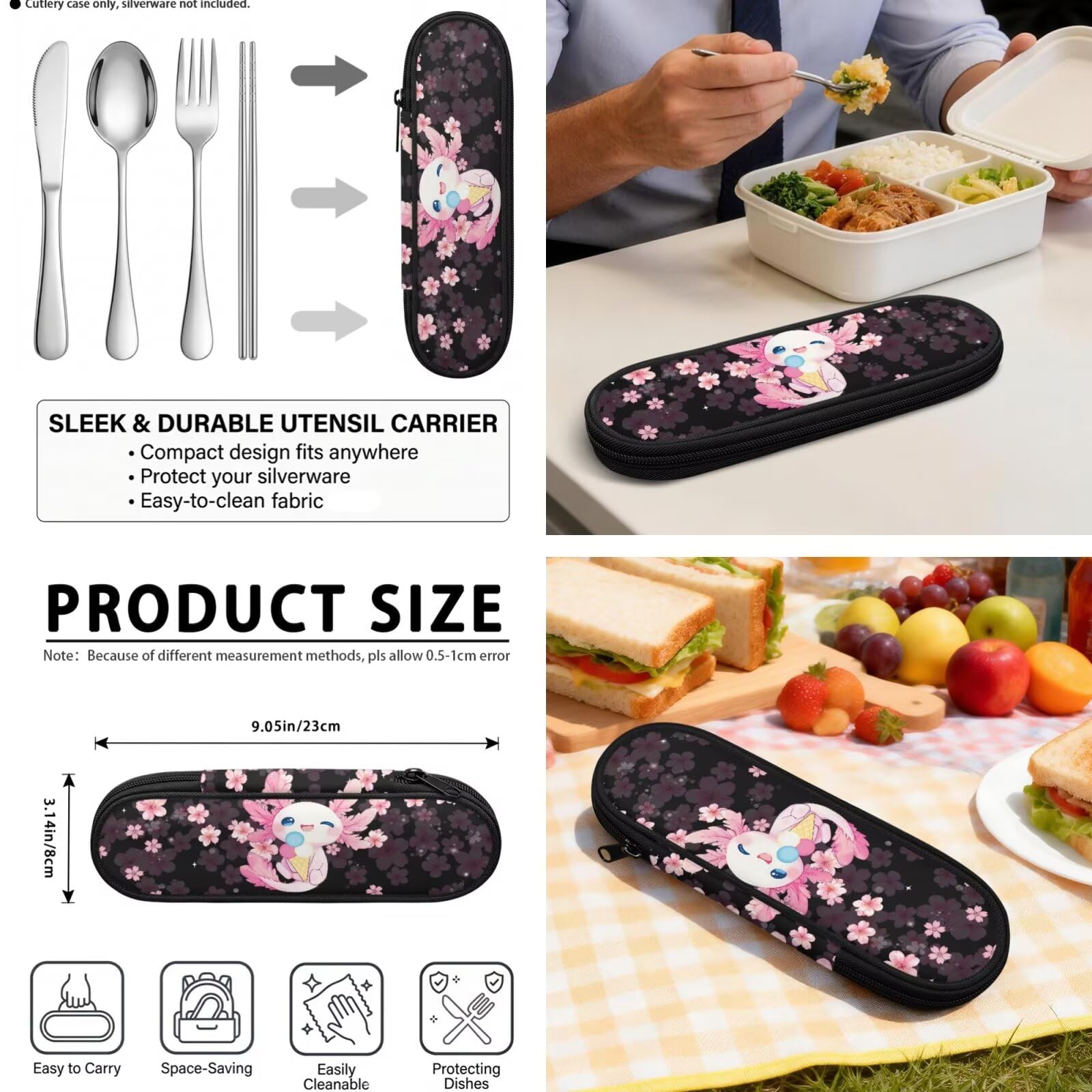 COEQINE Simpatico zaino per la scuola Axolotl con borsa per il pranzo per bambini, 5 pezzi, borsa per libri scolastici, portapenne, portaposate, Gelato Axolotl ai Fiori di Ciliegio Nero