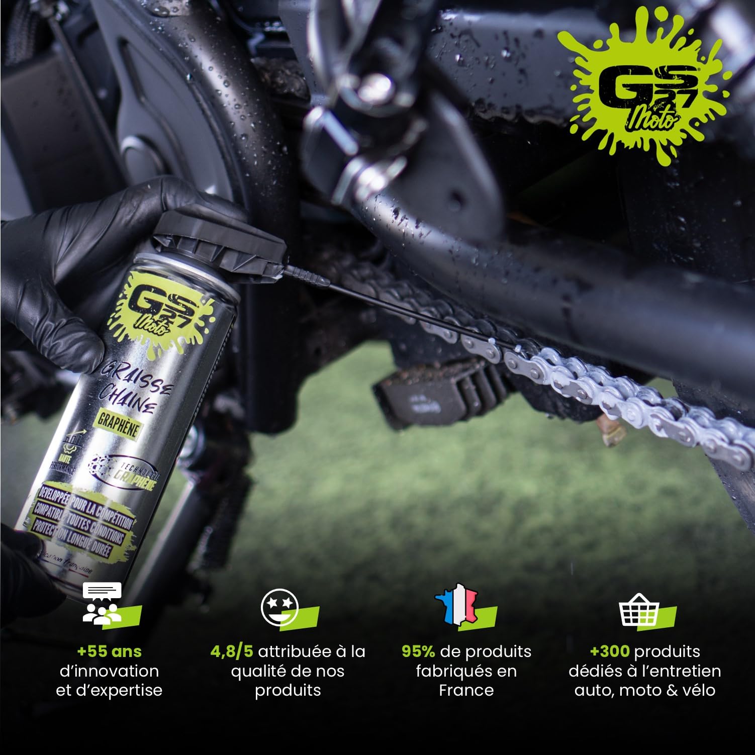 GS27 - Kit Entretien Chaine GS27 Moto - Haute Perfromance - 1 Ultra Dégraissant / 1 Graisse Graphène / 1 Brosse Chaine