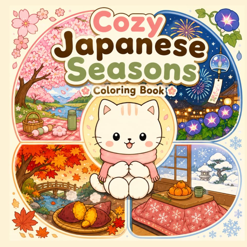Cozy Japanese Seasons Coloring Book: Coloring Adventures with Mochi