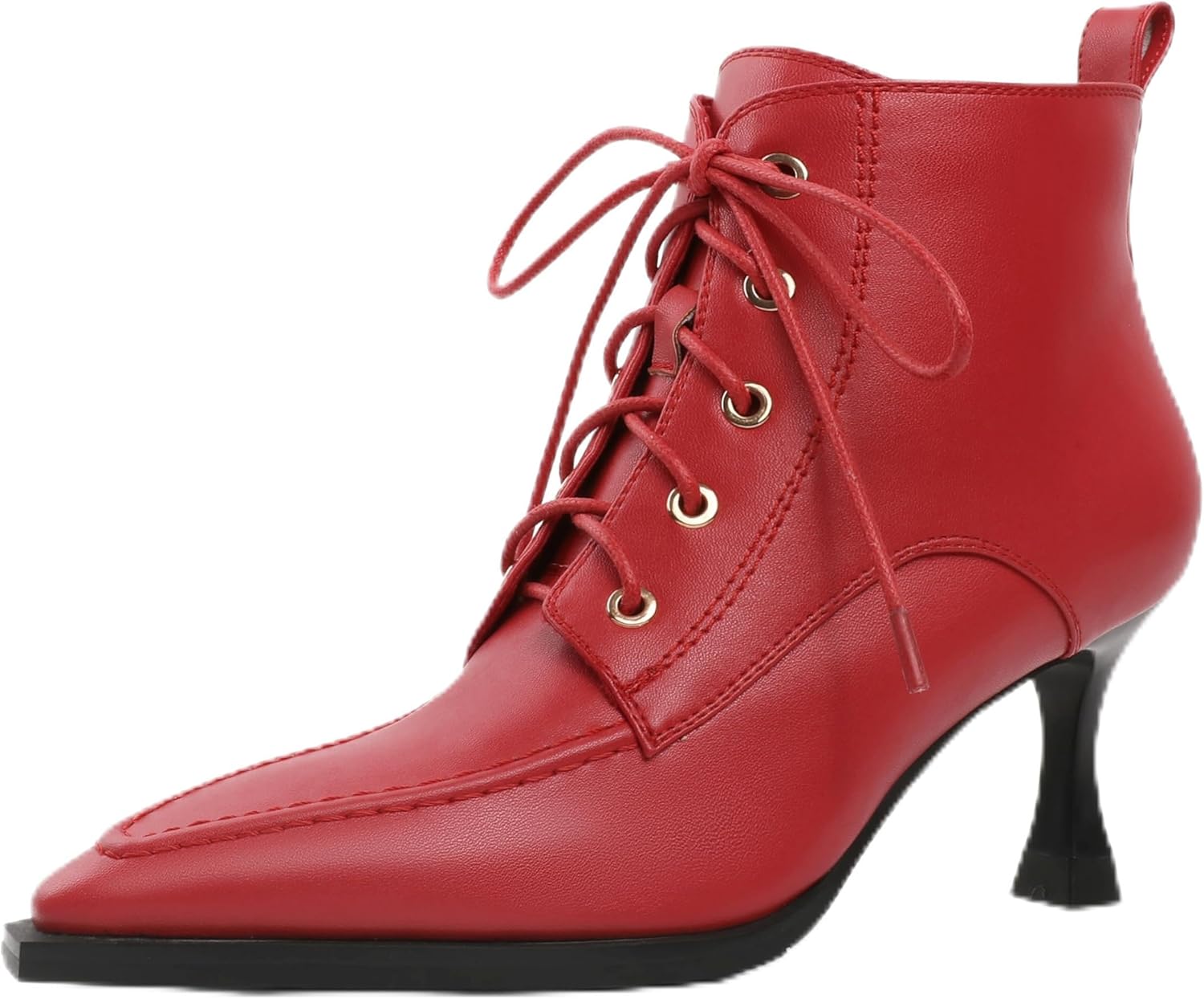 Women's Booties Stiletto High Heel Lace up Square Toe Side Zipper Leather Short Ankle Boots 3 Inches
