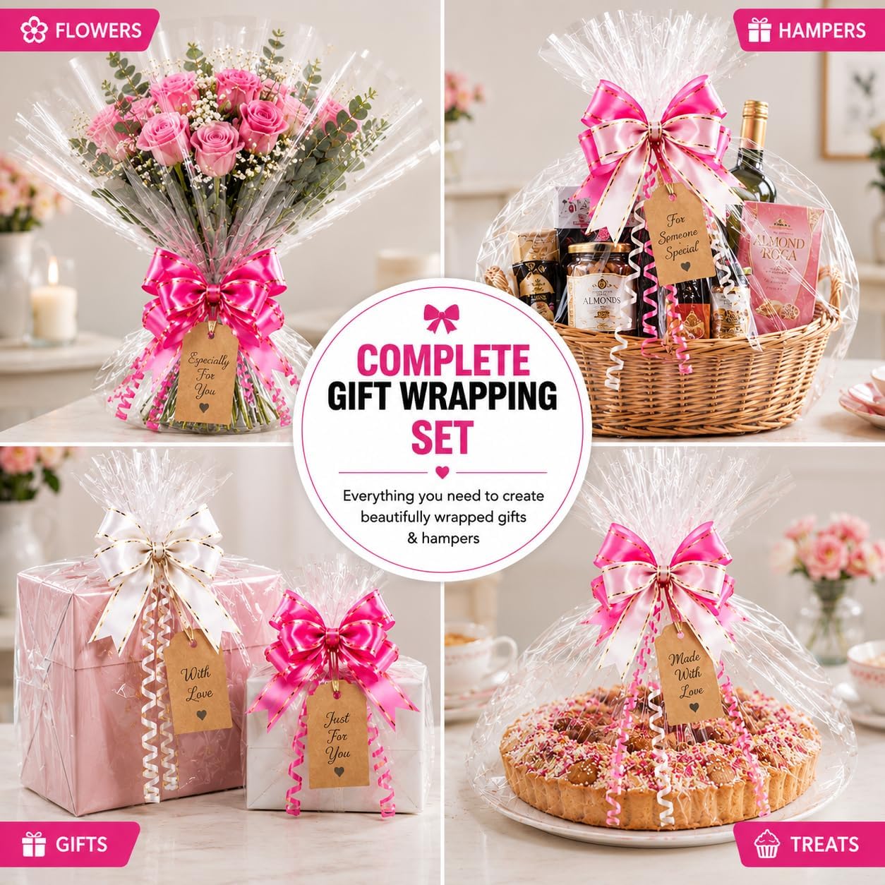 HURUC Clear Cellophane Wrap for Hampers 40cmx30m with Large 10 Pull Bows 2 Ribbons & 5 Gift Tags, Florist Cellophane Wrap Rolls to pack Gifts Chocolates Flowers for Birthday, Anniversary, Wedding