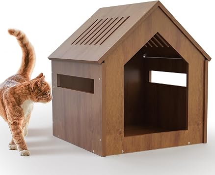 Small Wooden Cat House Indoor Outdoor, Cute Gable Roof Cat Shelter with Rainproof Windproof & Breathable, Easy Assemble Move Clean, Multi-Ply Wood Cat Hut for Kittens Brown