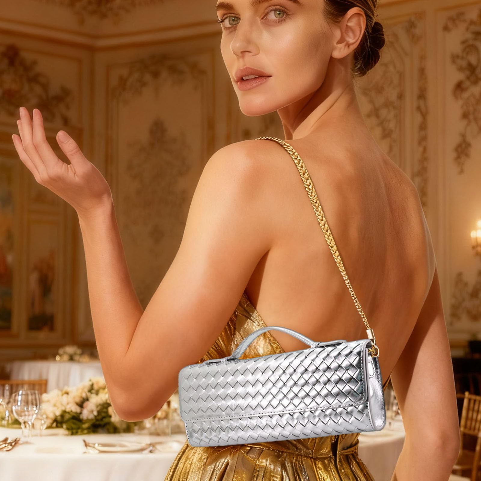 Borsetta intrecciata da donna, pochette da sera, in pelle, borsa a tracolla intrecciata a mano con tracolla