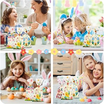 Easter Cellophane Treat Bags, 100 PCS Easters Gift Bags, Plastic Clear Cello Easters Candy Cookies Goodie Snack Bag with 100 Pcs Gold Twist Ties for Easter Party Favor Supplies, 4 Assorted Styles