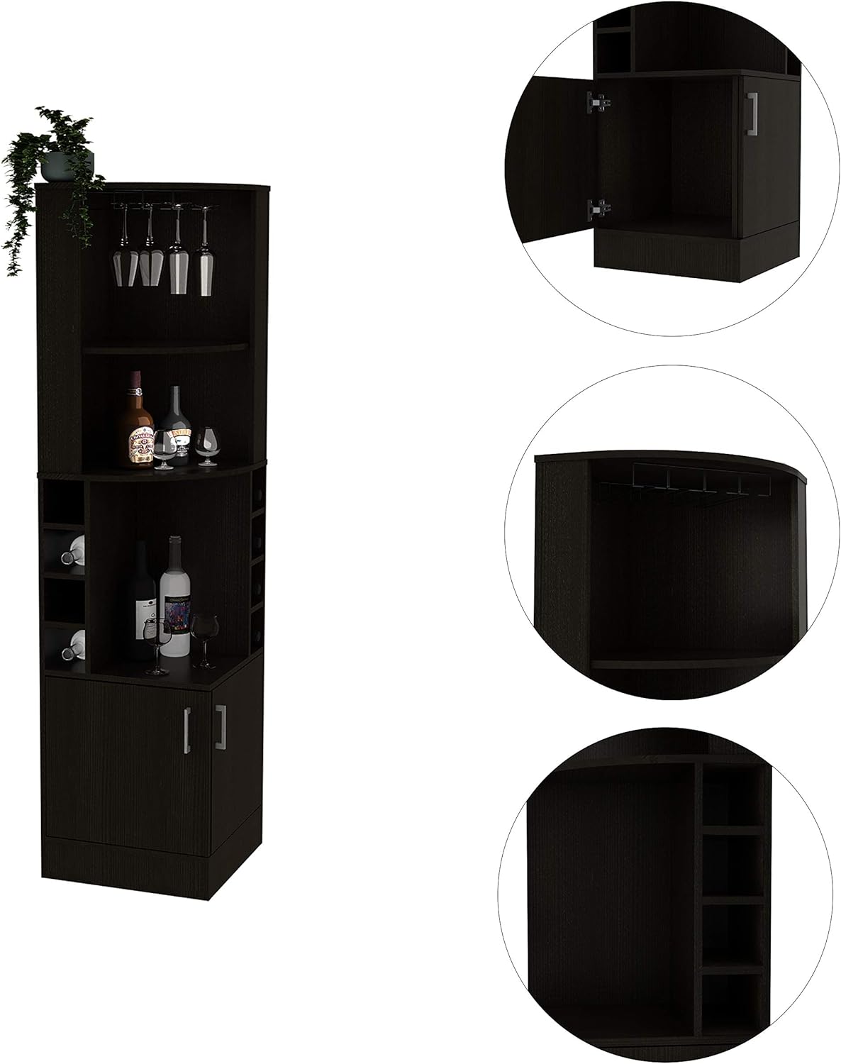 Egina Corner Bar Cabinet with Two Shelves at The Top, Glass Holder, 8 Exterior Bottle Racks, Central Shelf, Lower Drawer with 2 Side Doors, 71" H, Black, Living Room